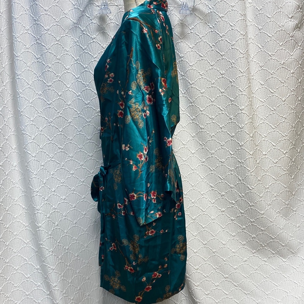 California Dynasty size large Floral Satin Kimono Robe‎ set - Teal oriental sexy - Picture 5 of 16